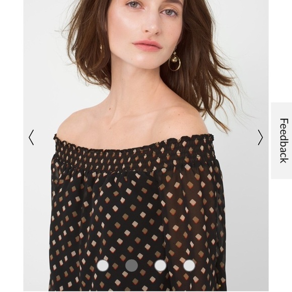 White House Black Market Off The Shoulder Printed Dress Chiffon Black Tan Sz M - Picture 2 of 12